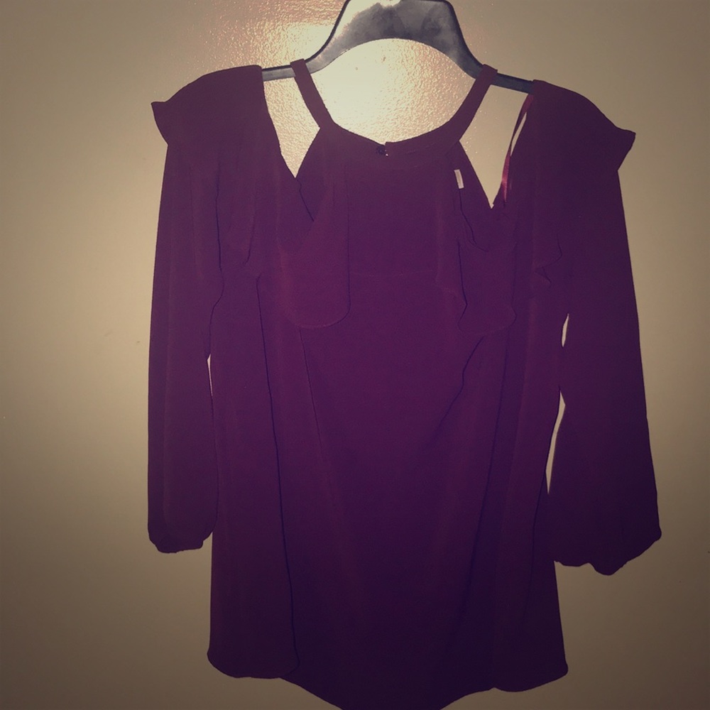 Michael Kors Burgundy Cold Shoulder Ruffle Top